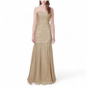 La Femme Gold Pleated Strapless Sequin Chiffon Mermaid Gown Size 4